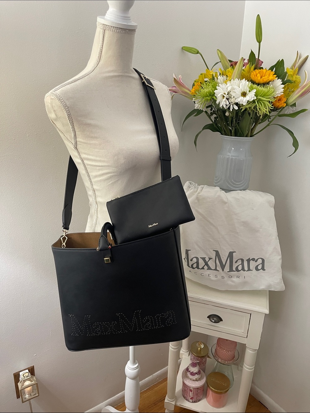 MaxMara Black Leather Bucket Tote with Matching Pouch